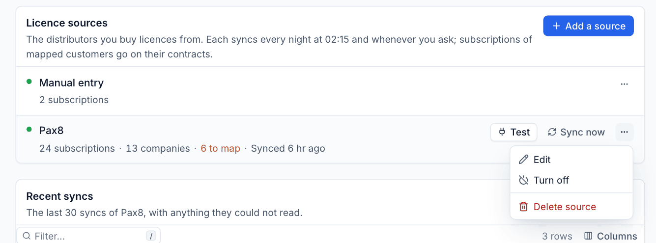 The actions menu for a source with Edit, Turn off and Delete source