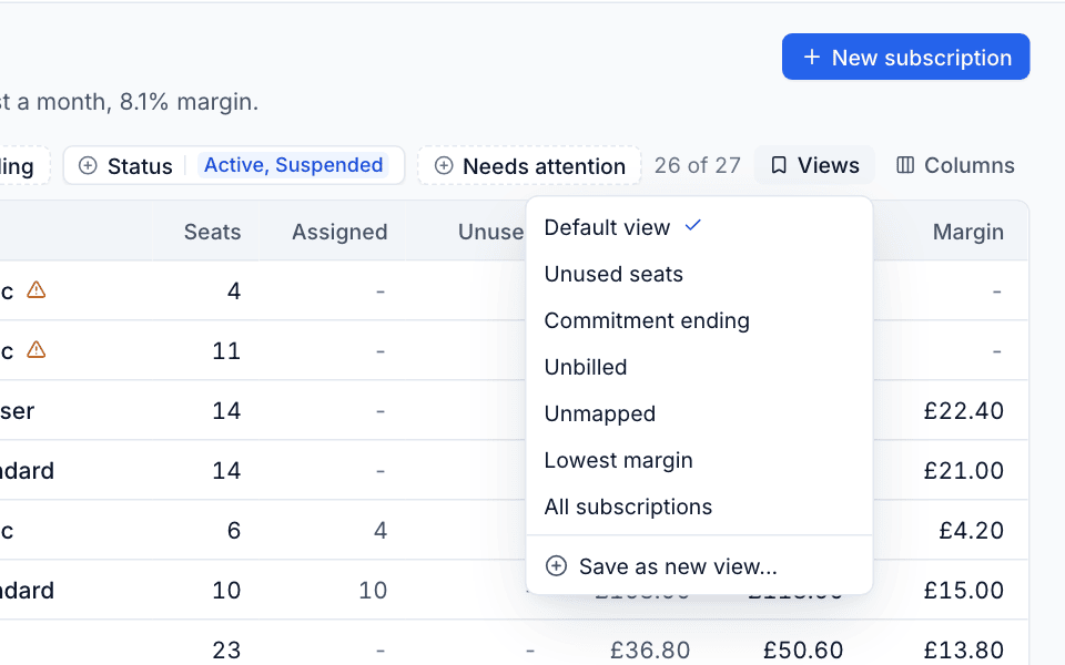 The Views menu on the Licences list