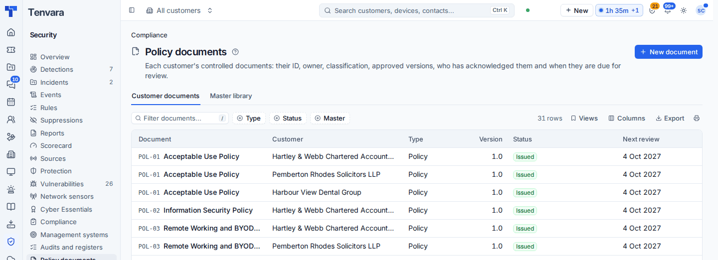 Customer policy documents with ID, customer, type, version, status and next review