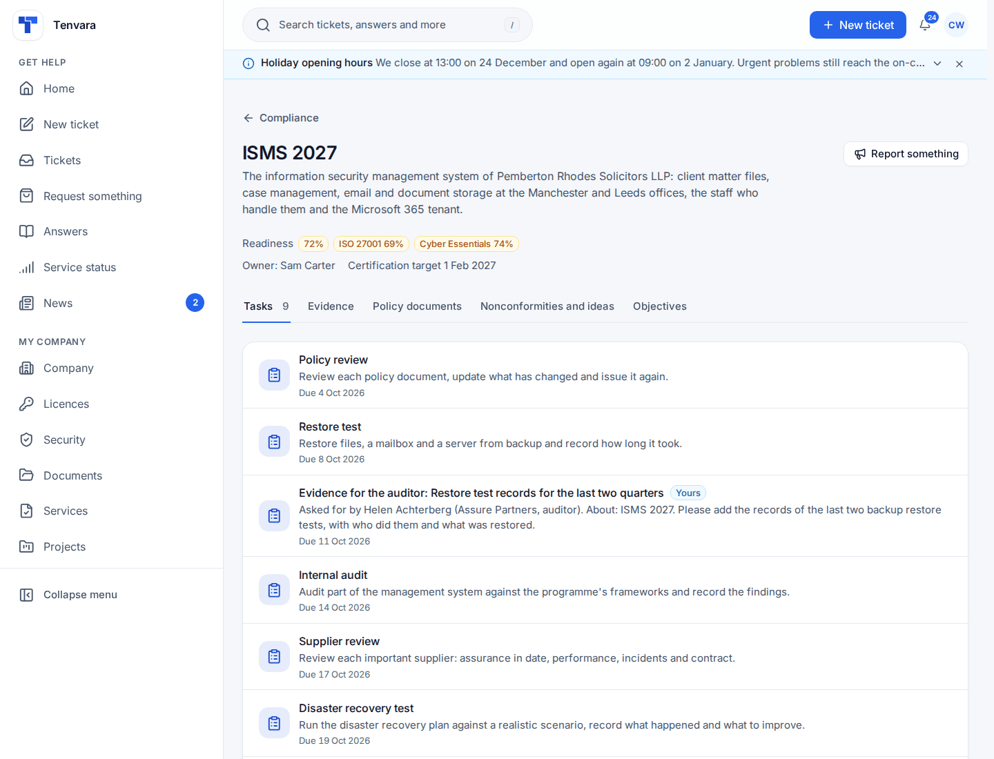 A programme in the customer portal, with readiness per framework, tasks, evidence, policy documents, nonconformities and objectives