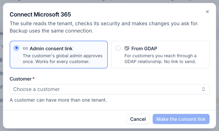 The Connect Microsoft 365 dialog with the Admin consent link option