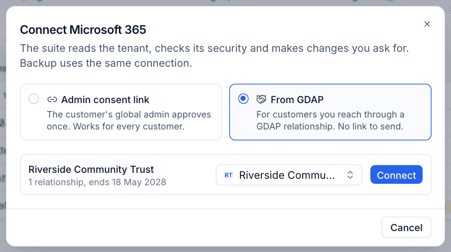 Connecting a customer from GDAP, with the suggested customer and Connect button