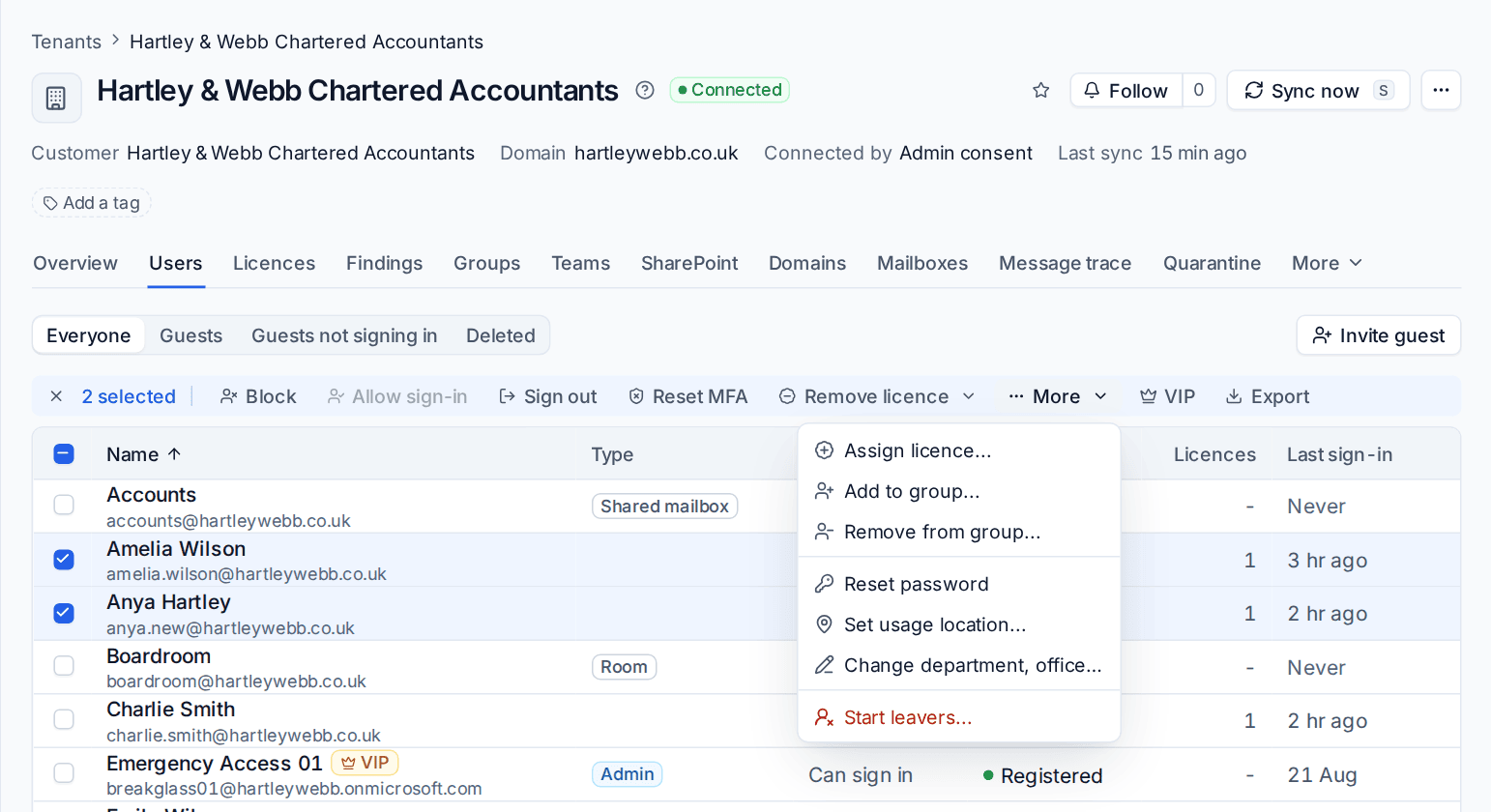 Two users selected with the bulk bar and its More menu open
