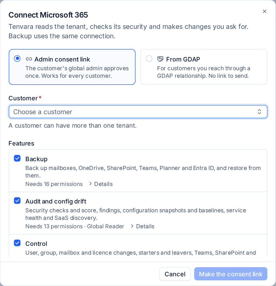 Connect Microsoft 365 with the features to use for the tenant, each with the permissions and roles it needs