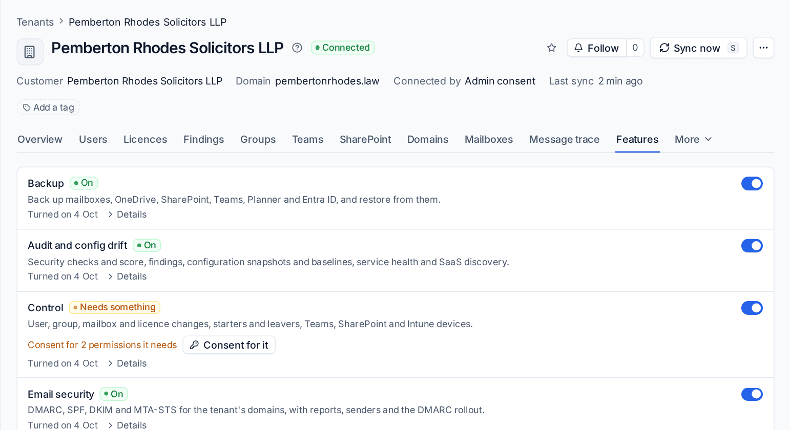 A tenant's Features tab with Backup and Audit on, and Control needing consent for two permissions