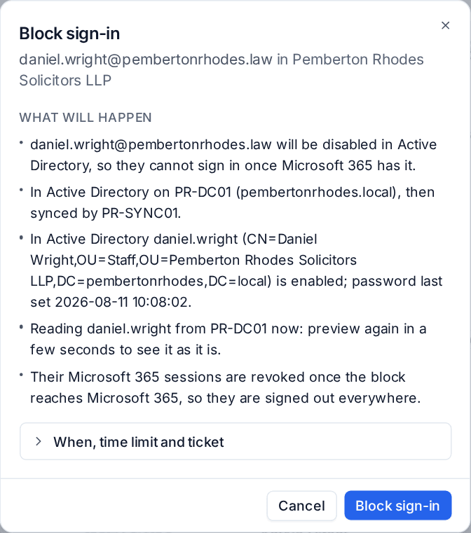 The Block sign-in preview for a synced user, made in Active Directory and synced by Entra Connect