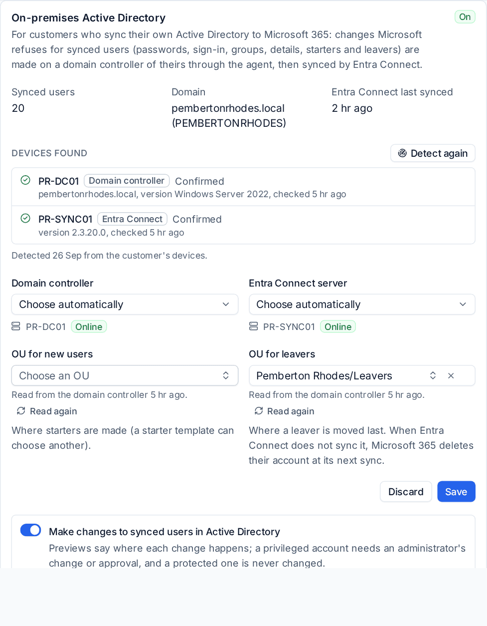 The On-premises Active Directory card with the domain controller and Entra Connect server found, the OUs and the switch