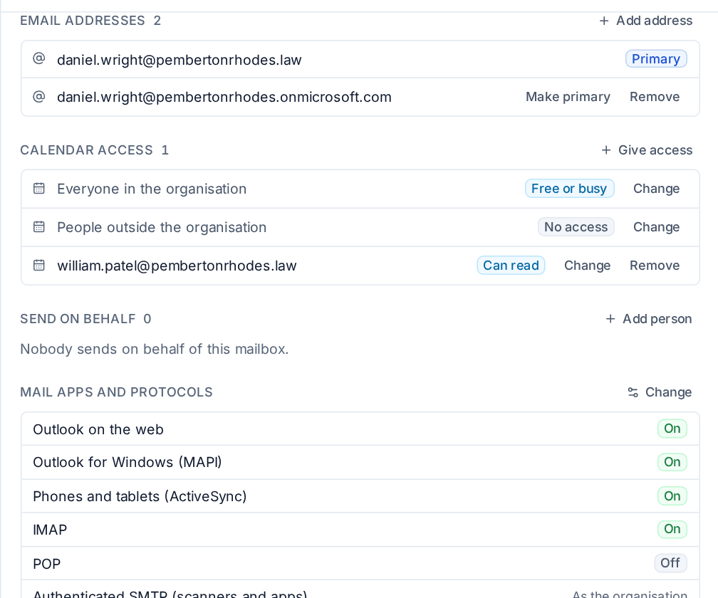 A mailbox panel with its email addresses, calendar access, send on behalf and mail apps