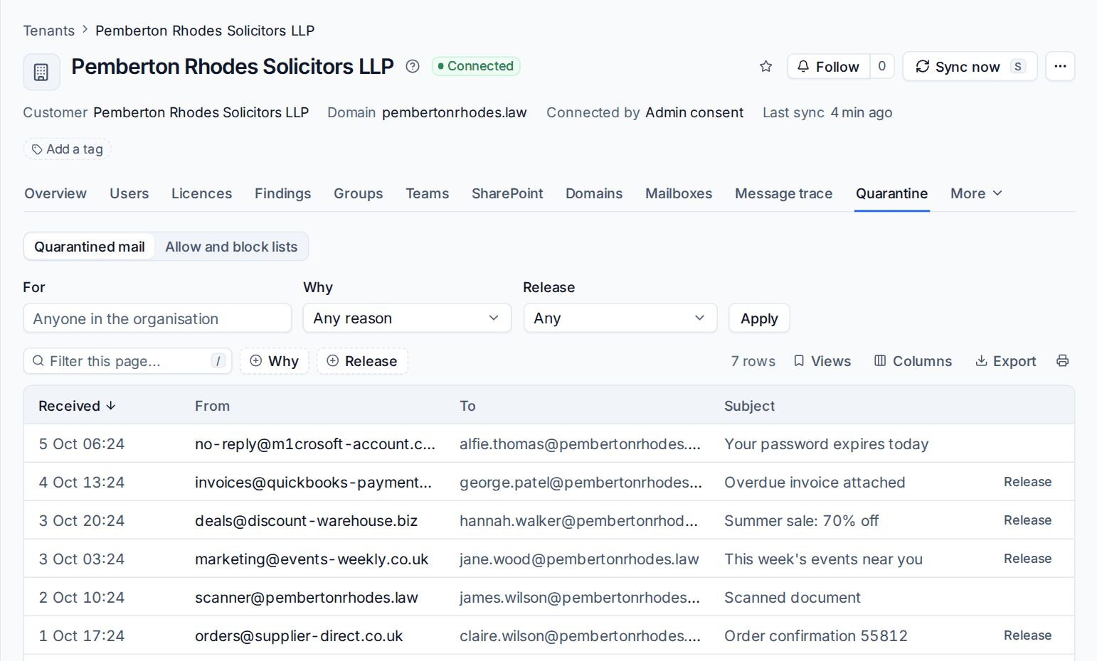 Quarantined mail with the reason, release state and Release on each message
