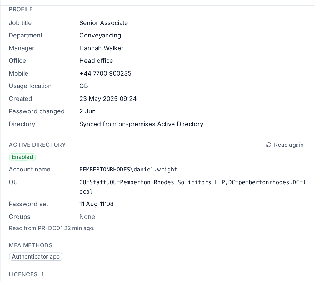 A synced user's panel with the Active Directory section read from the domain controller