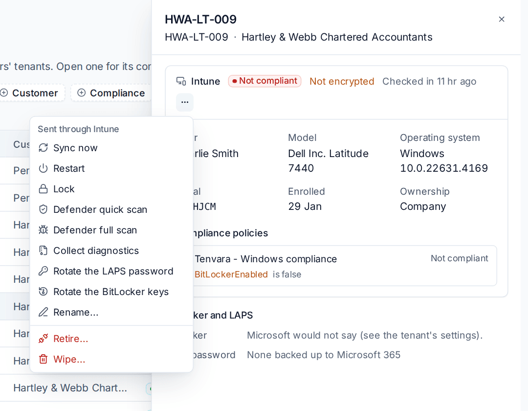 The Intune actions menu on a device, from Sync now to Wipe