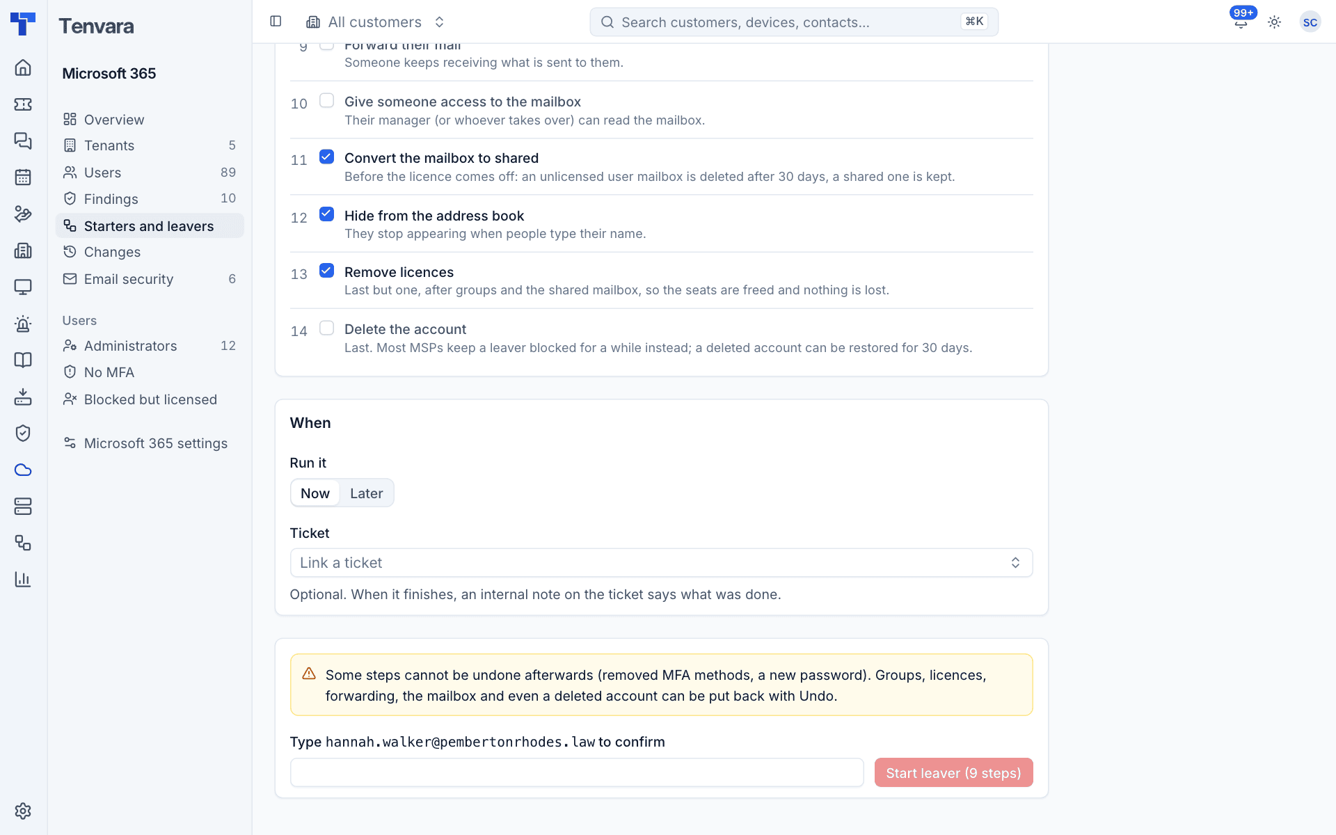 The bottom of the leaver form with When, Ticket, the undo note and typed confirmation