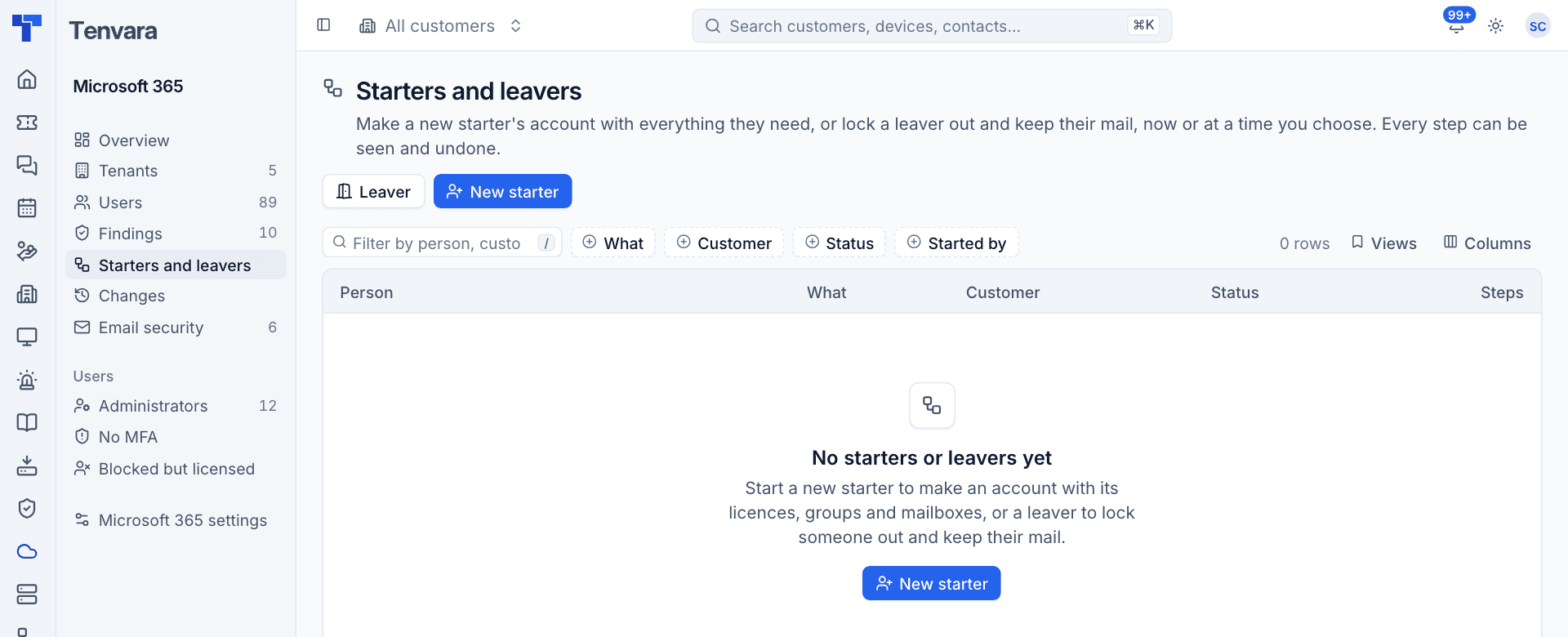 Starters and leavers, with the Leaver and New starter buttons and the list of runs