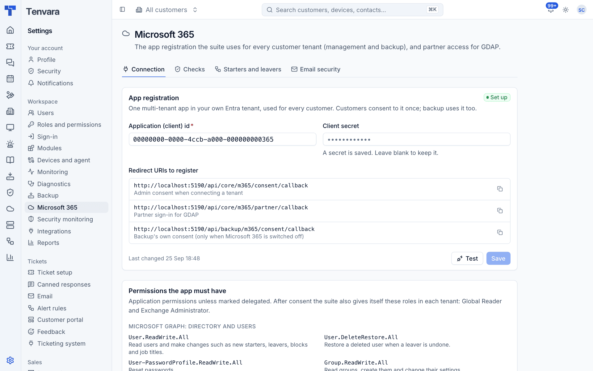 Settings, Microsoft 365, Connection, with the app registration, redirect URIs and the permissions the app needs