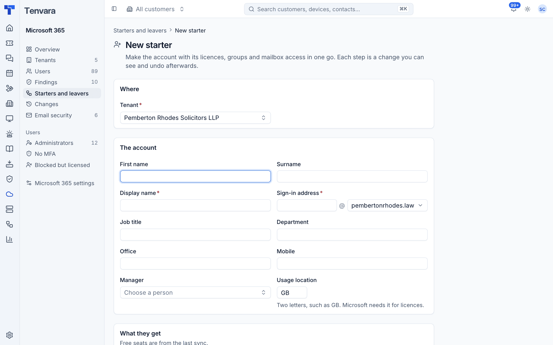 The new starter form with the account details