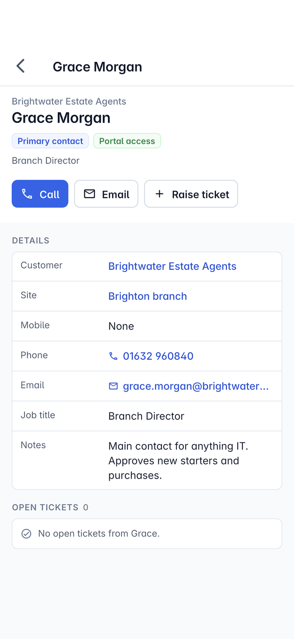 A contact with Call, Email and Raise ticket, and their details