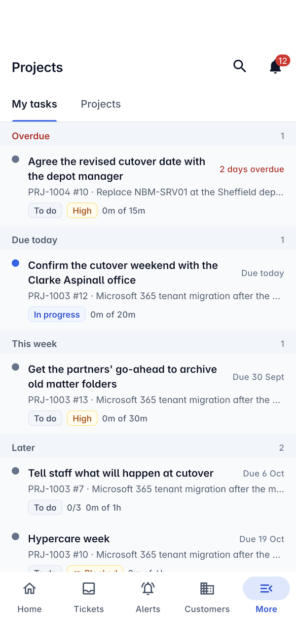 My tasks grouped into Overdue, Due today, This week and Later