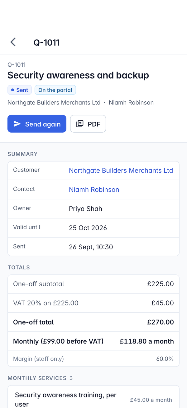 A quote with Send again and PDF, the summary and the totals