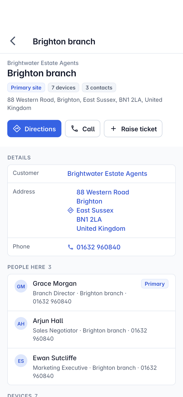 A site with Directions, Call and Raise ticket, its address and the people there