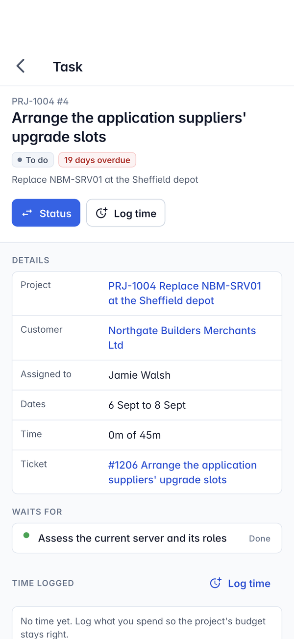 A task with Status and Log time, its details and the task it waits for