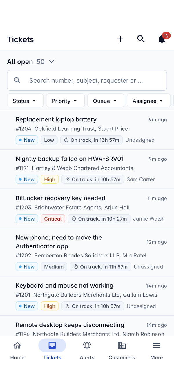 The ticket list with the view, search and filters
