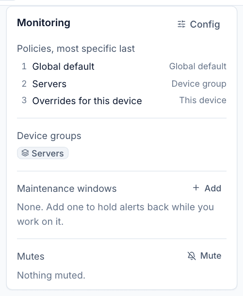 The Monitoring card on a device page