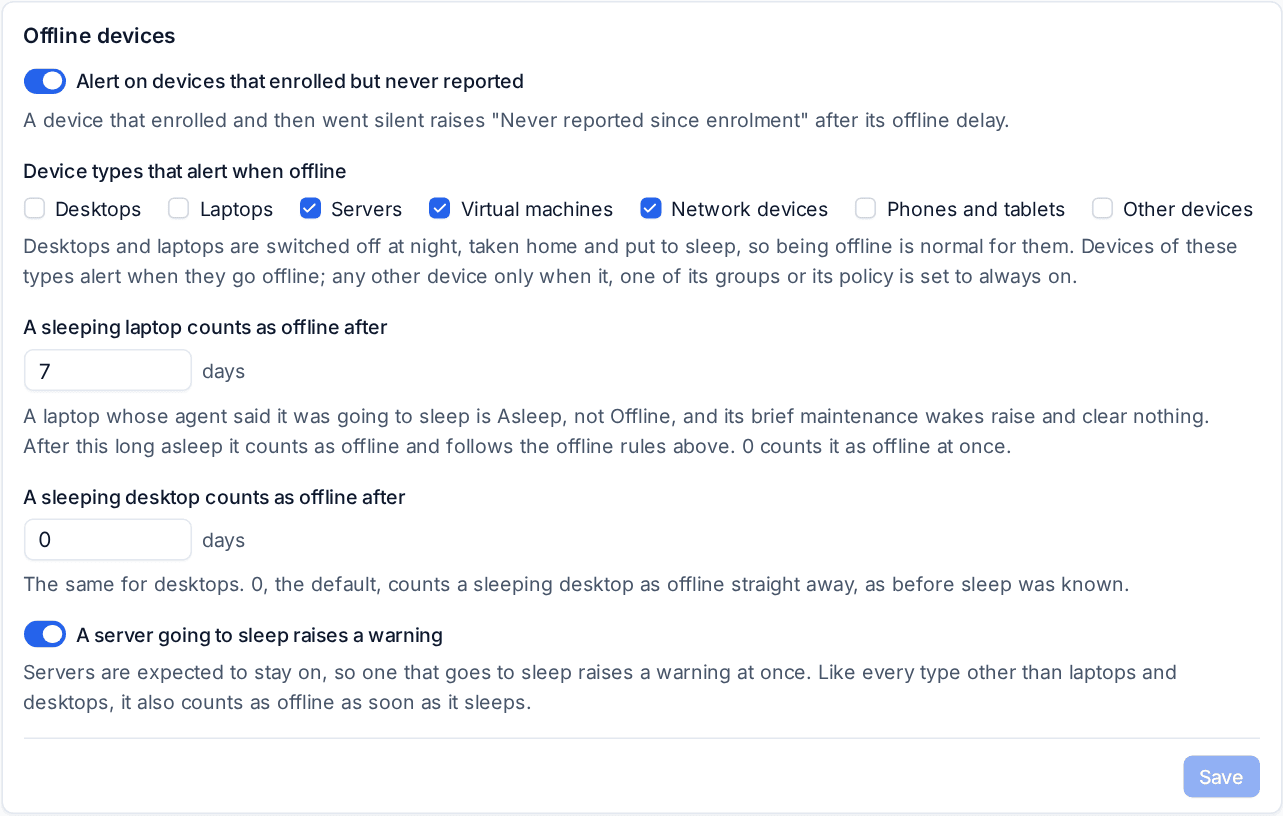 Offline devices settings with the device types that alert