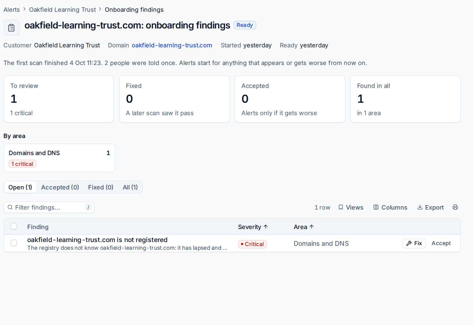 An onboarding findings report with its counts, areas and a finding to fix or accept