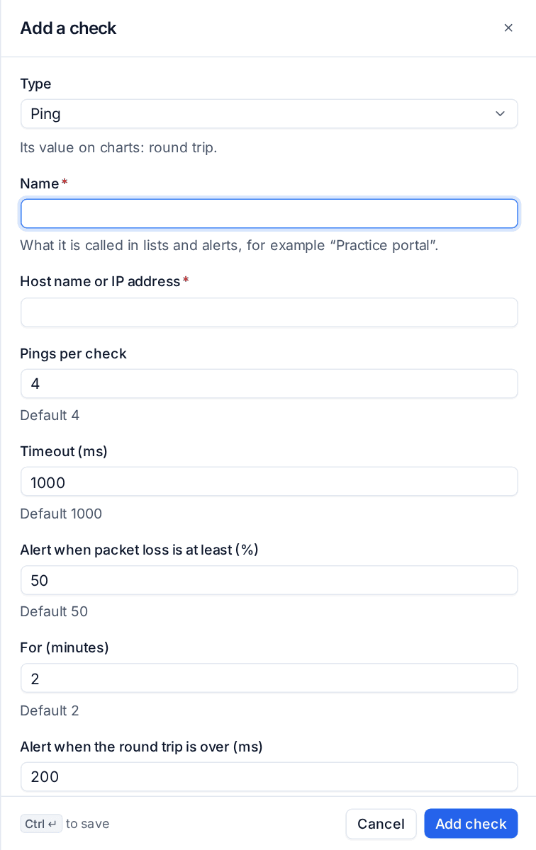 A ping check with packet loss and round trip limits