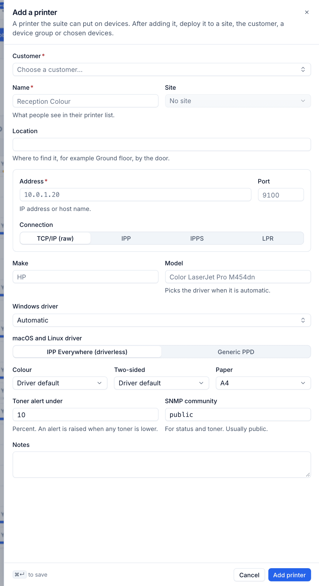 The Add a printer form