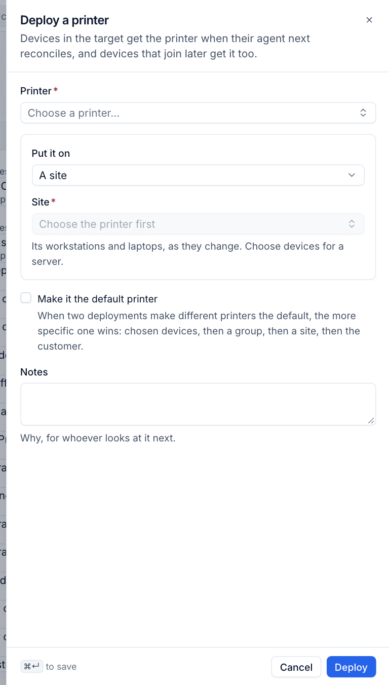 The Deploy a printer dialog