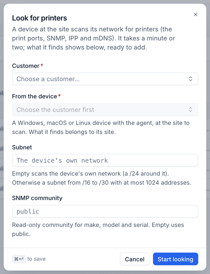 The Look for printers dialog