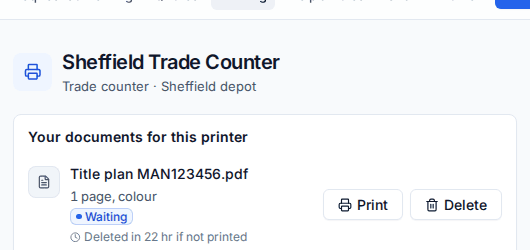 The page a printer's sticker opens on a phone, with documents waiting for that printer