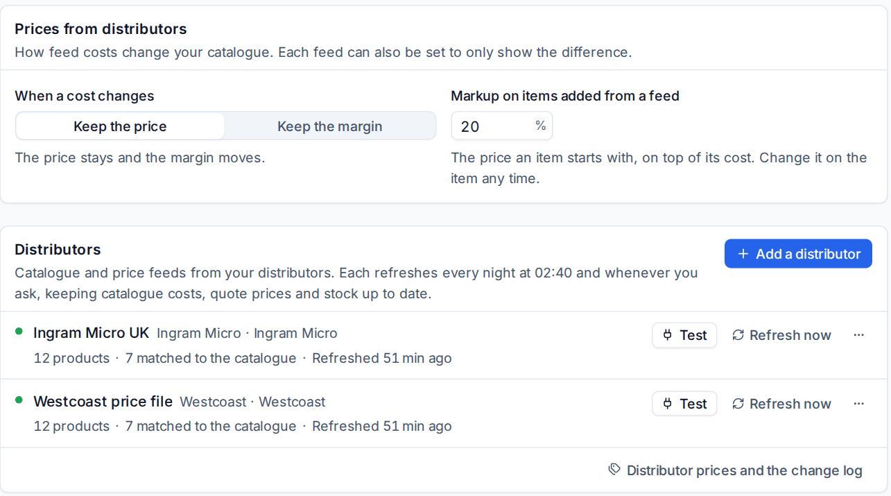 Distributor feeds with their products, matches and last refresh