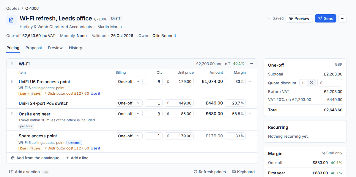 A draft quote showing distributor cost and stock under each line