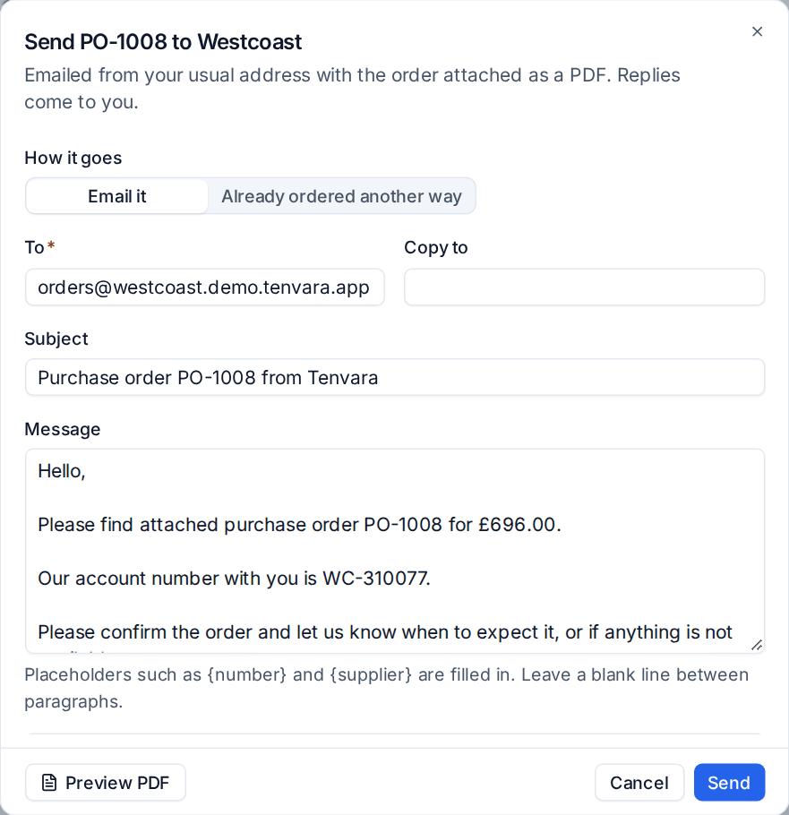Sending a purchase order to the supplier with the PDF attached
