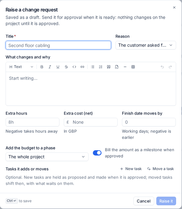 Raising a change request with extra hours, cost and days