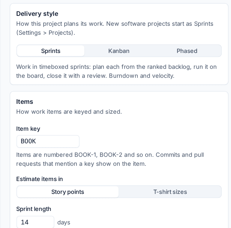The Development tab: delivery style, item key and estimates