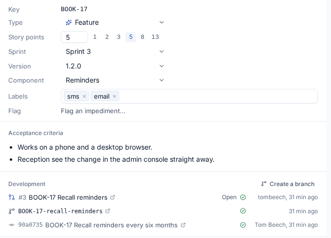 A work item with its pull request, branch and commit, and CI checks passing