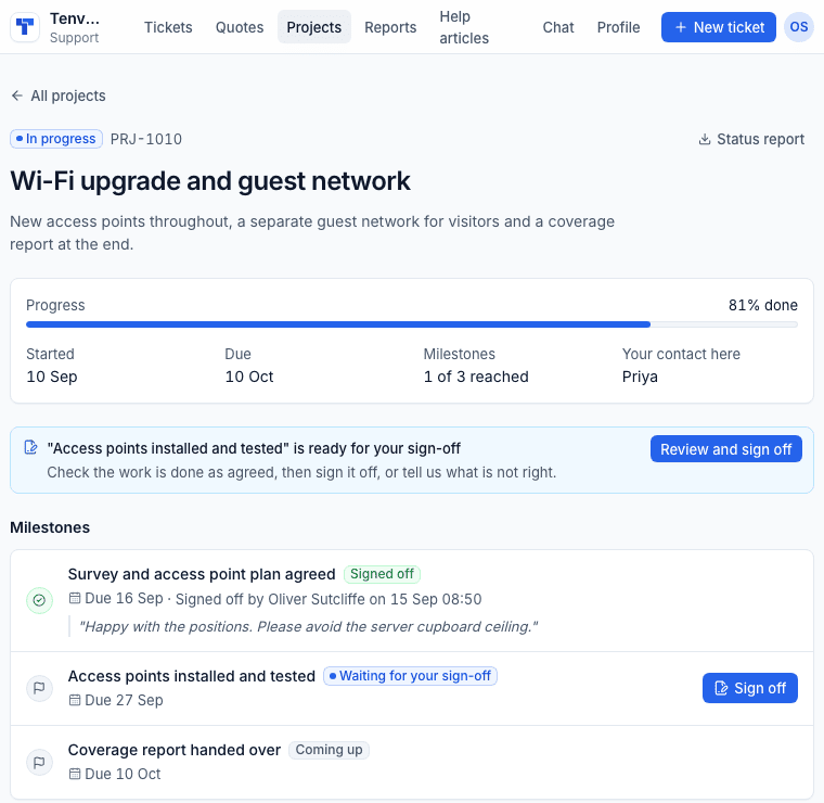 A project in the customer portal with progress, a sign-off waiting and milestones