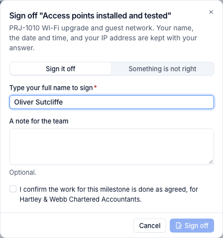 Signing off a milestone in the portal with a typed name