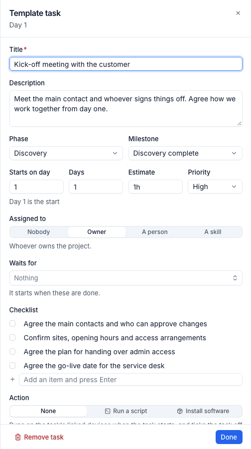 A template task with its timing, assignee rule and checklist