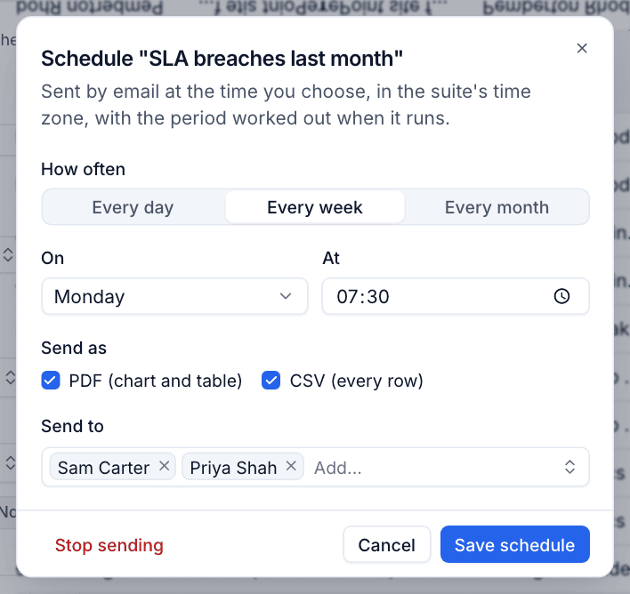 Scheduling a saved report weekly as PDF and CSV