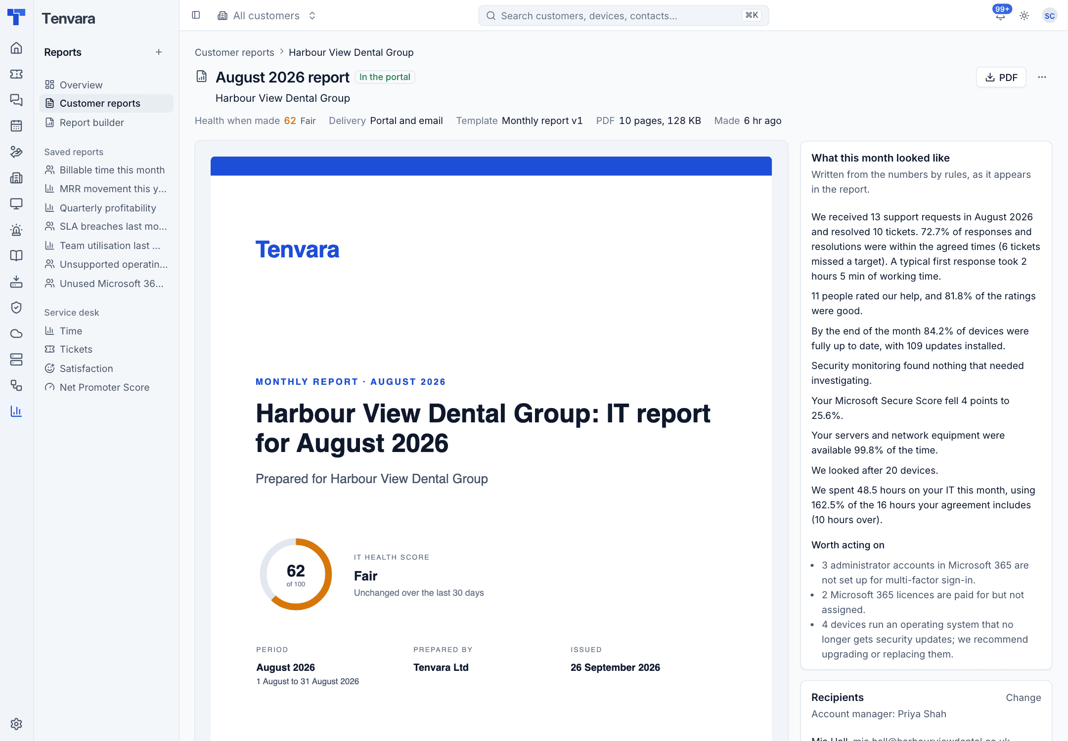 A customer's monthly report with its written summary