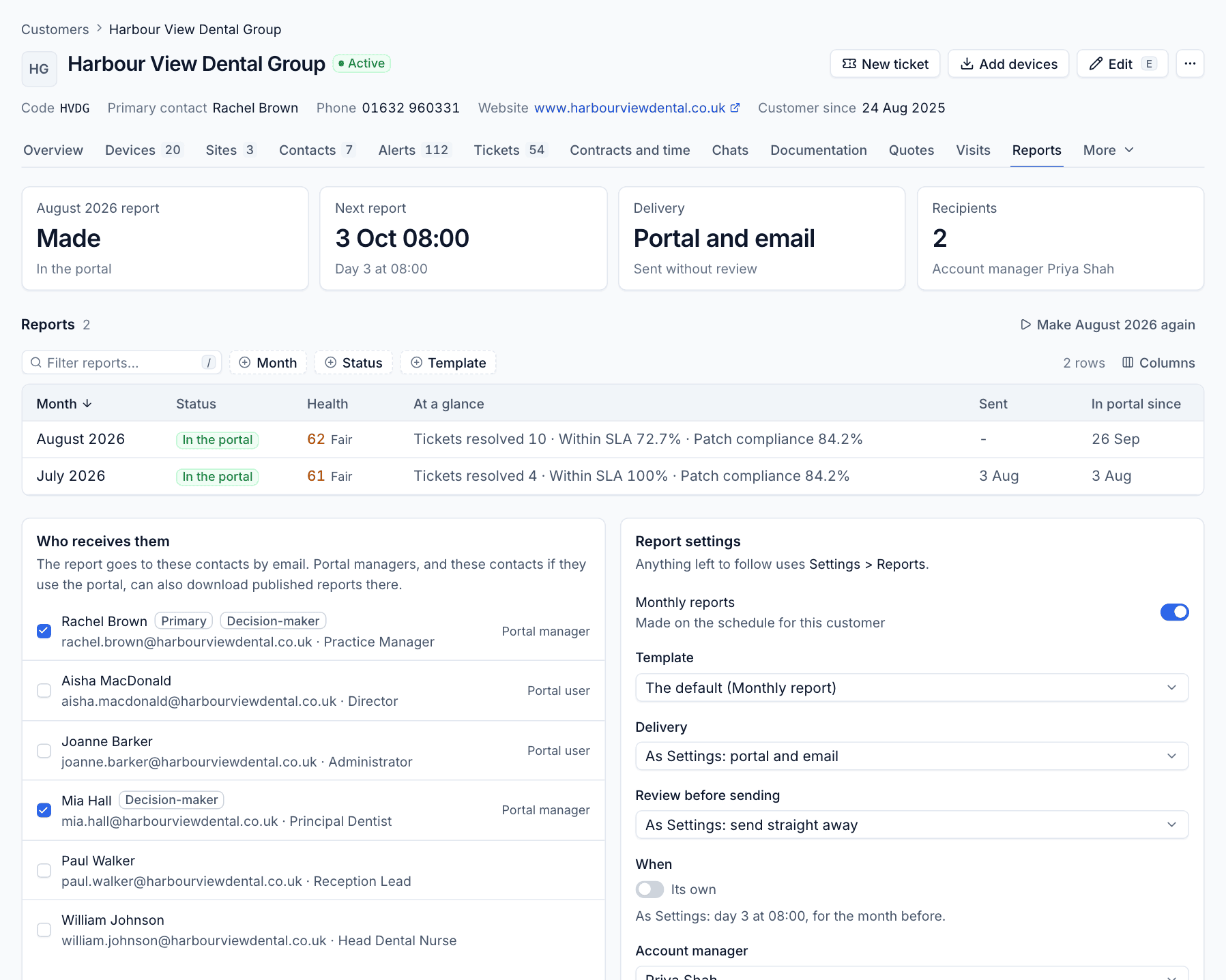 A customer's Reports tab with recipients and report settings
