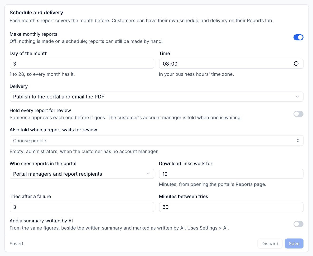 Schedule and delivery settings for customer reports