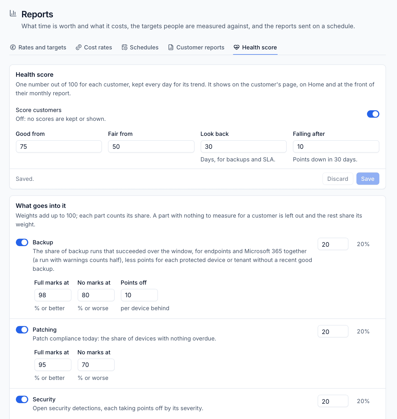 Health score settings with grades and the backup, patching and security parts