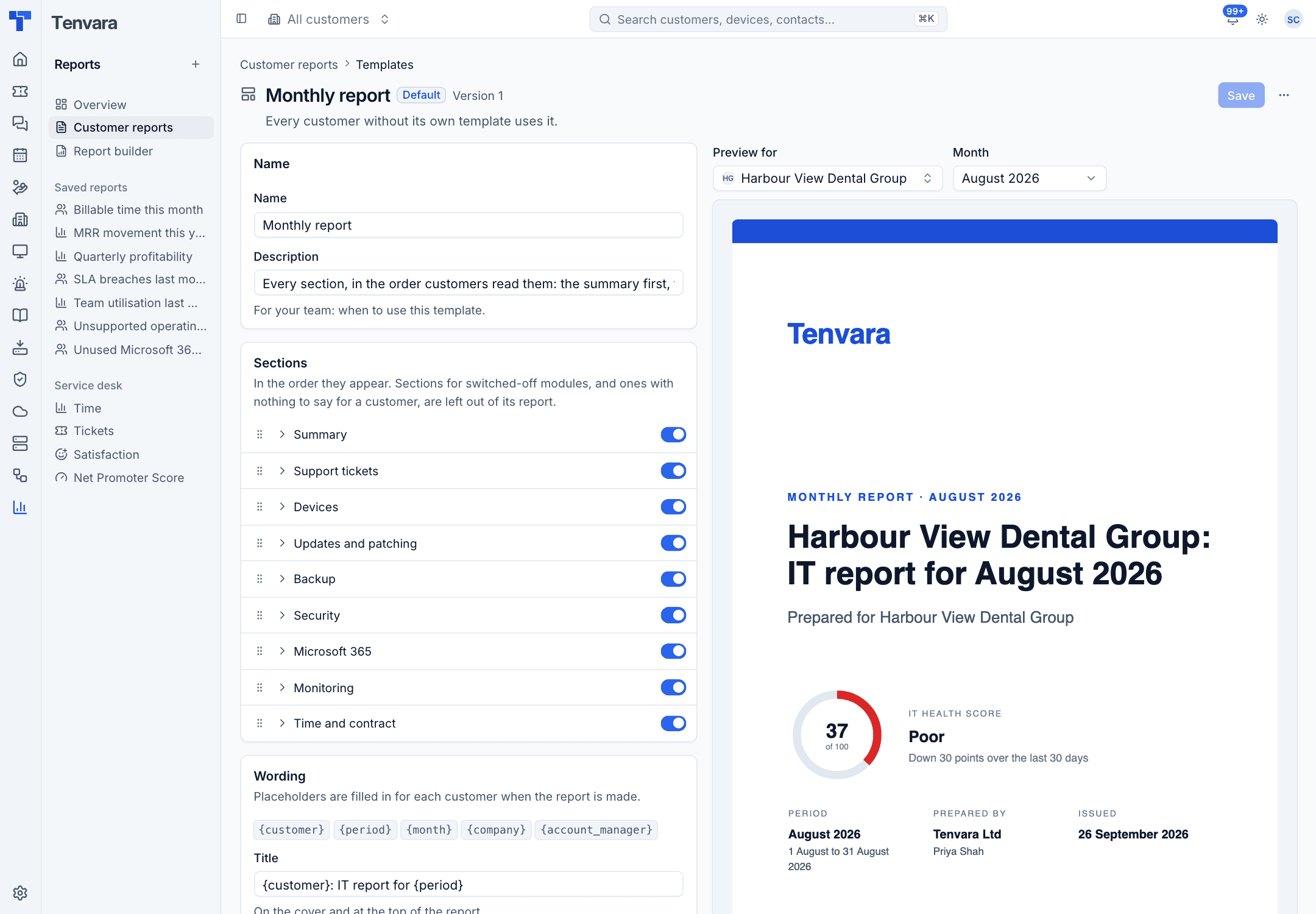 The template editor with a live preview for one customer