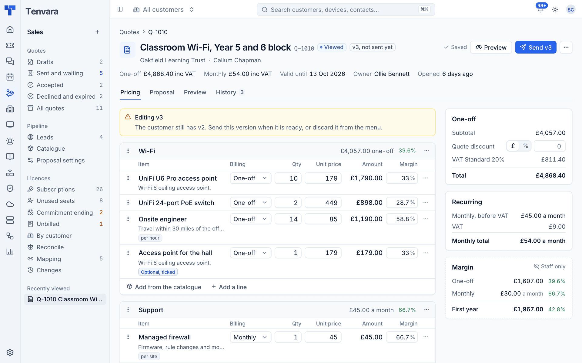 The quote builder with sections, lines, totals and margin