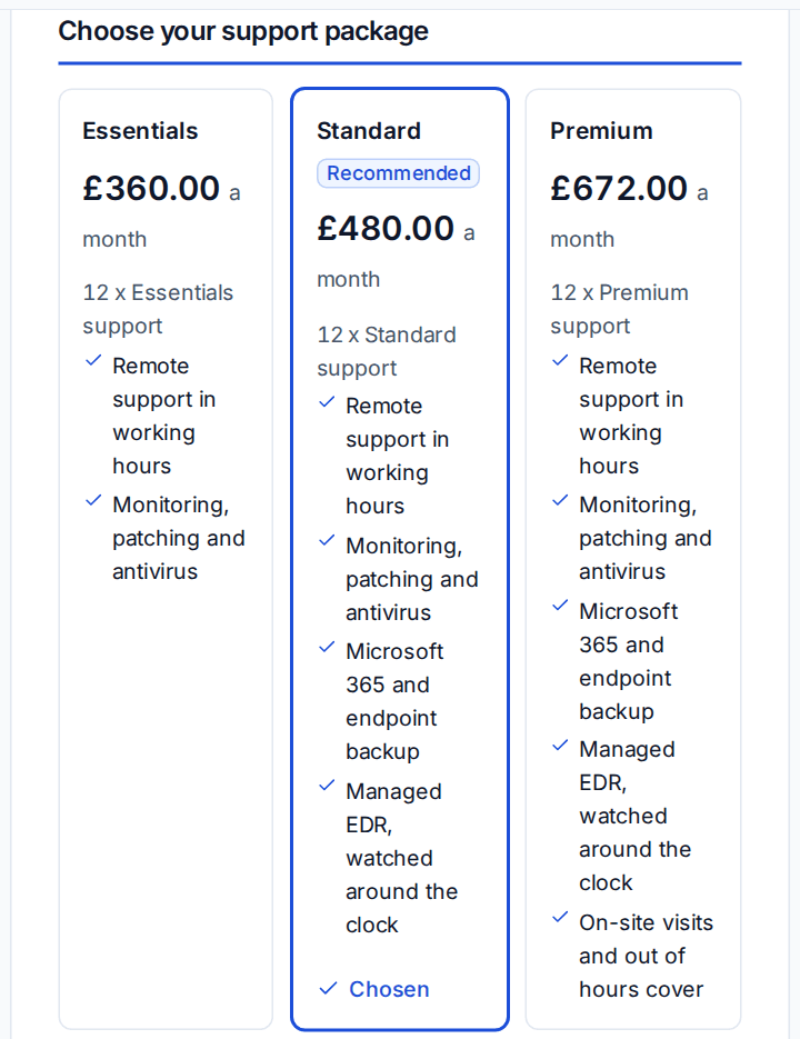 Three support packages with the recommended one marked
